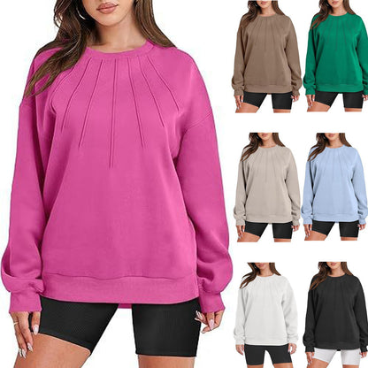 Sudadera de manga larga con cuello redondo y color liso holgada informal para mujer de otoño e invierno