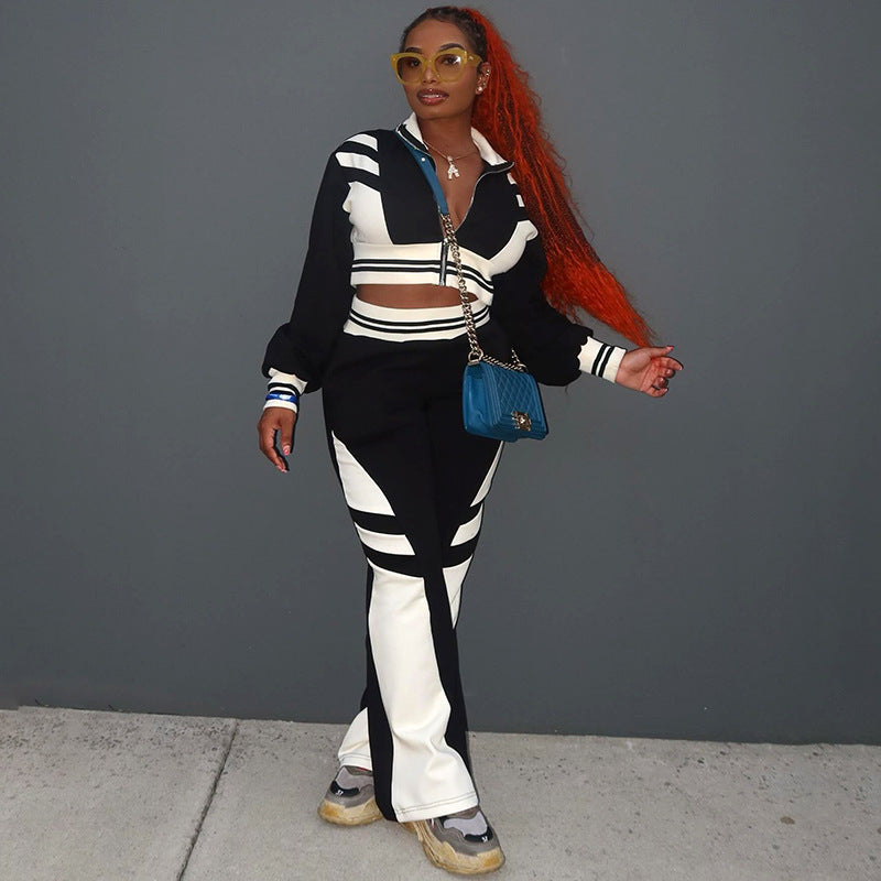 Athleisure Women Autumn Winter Contrast Color Casual Zipper Sweatshirt Wide Leg Pants Two-Piece Set