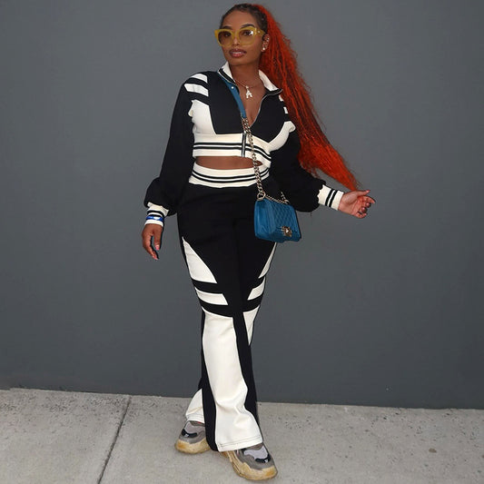 Conjunto deportivo de dos piezas para mujer, otoño-invierno, con sudadera y pantalones anchos, informal, con cremallera y contraste de colores