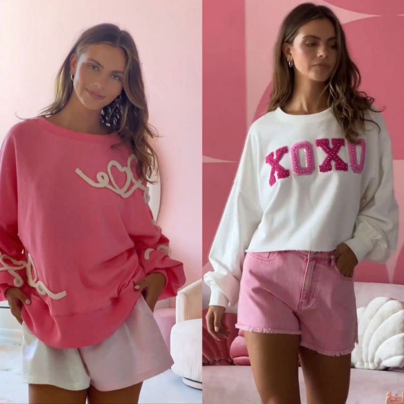 Spring Women Long Sleeve Sweat Loose Casual Heart Letter Embroidered Sweatshirt