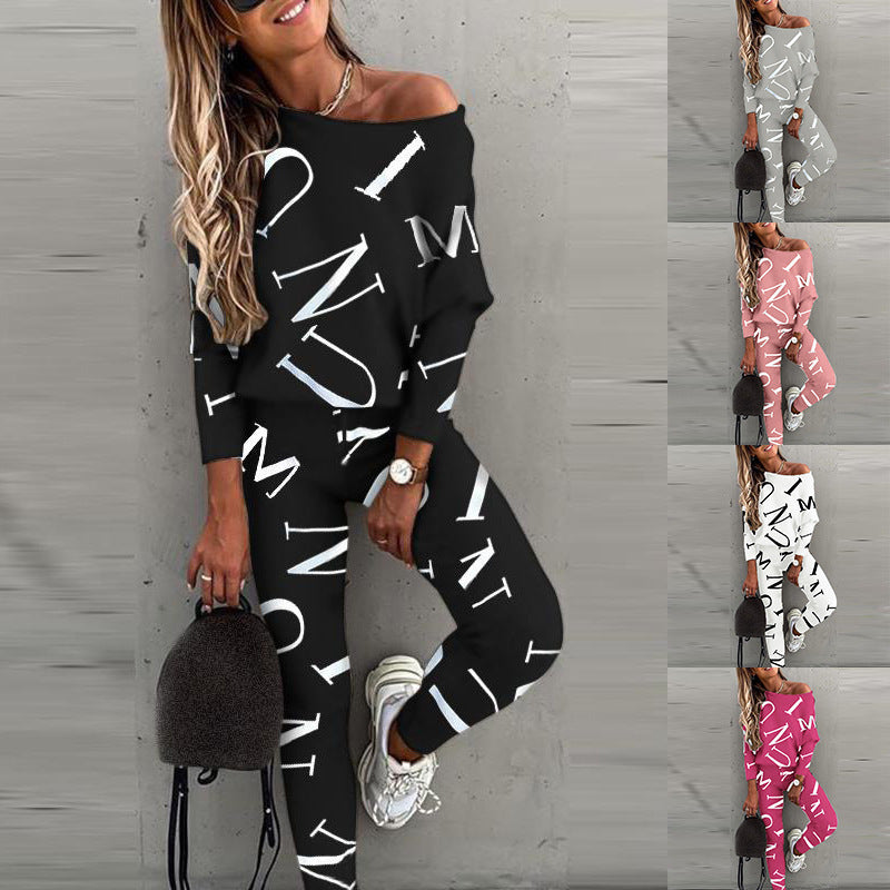 Conjunto de top y pantalón de manga larga con estampado de letras informales para mujer