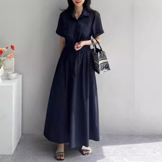 Women Casual Solid Color Loose Lasel Single-Breasted Long Shirt Dress
