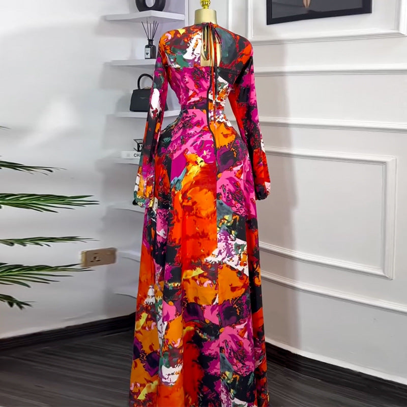 Women Fashion Casual Floral Printed Square Neck Long Sleeve High Waist Dress