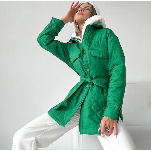 Chaqueta acolchada holgada informal de color liso con mangas largas y solapas cruzadas para mujer