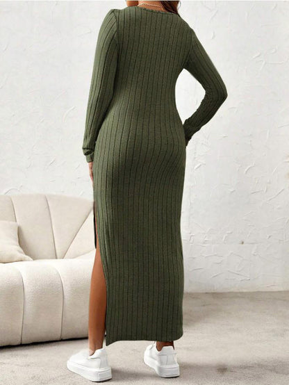 Pregnant Women Fashion Casual Rib Knitted Crewneck Long Sleeve Split Dress