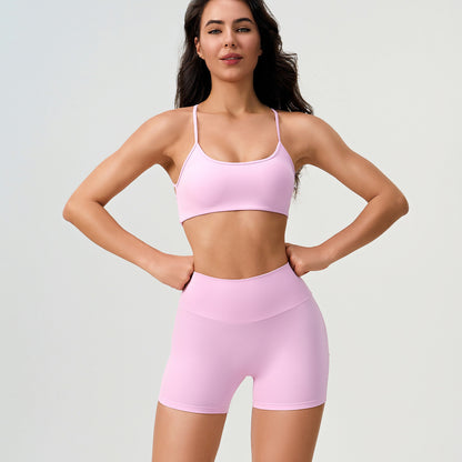 Conjunto de dos piezas de yoga con sujetador y pantalones cortos de cintura alta, estilo casual, sin espalda cruzada y a prueba de golpes para mujer