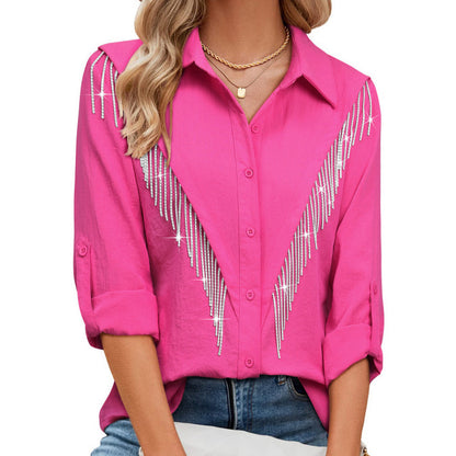 Blusa informal de manga larga con solapa y borlas de diamantes de imitación para mujer