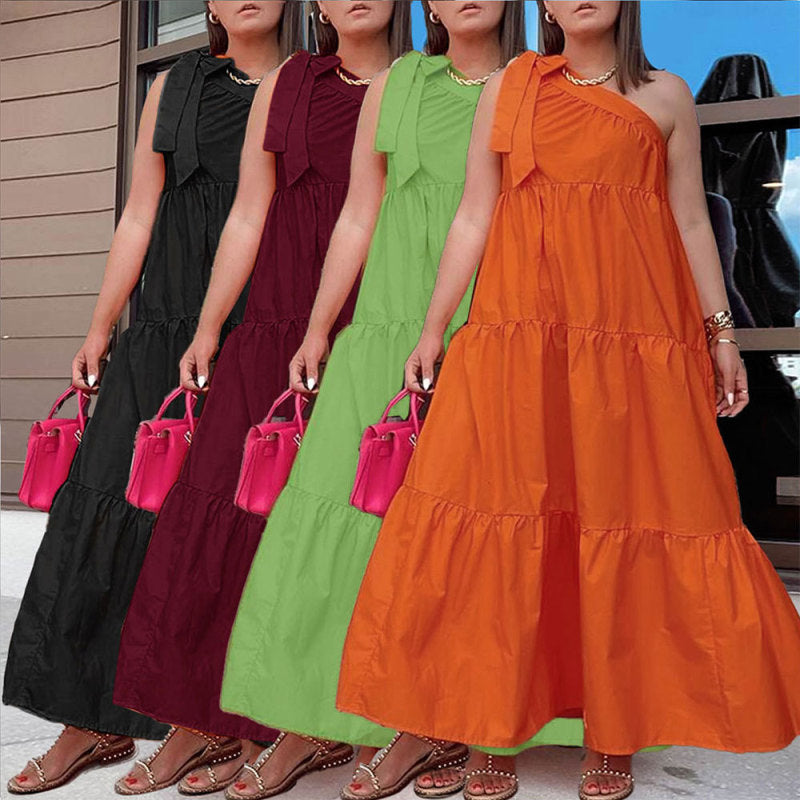 Women Fashion Casual Irregular One Shoulder Solid Color Loose Maxi Dress