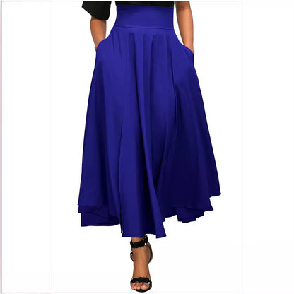 Women Fashion Casual Solid Color High Waist Pocket Pleated Skirt