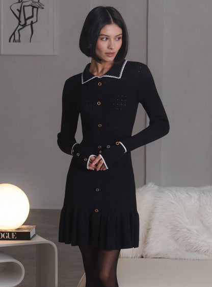 Women Fashion Casual Lapel Button Hole Long Sleeve Knitted Dress