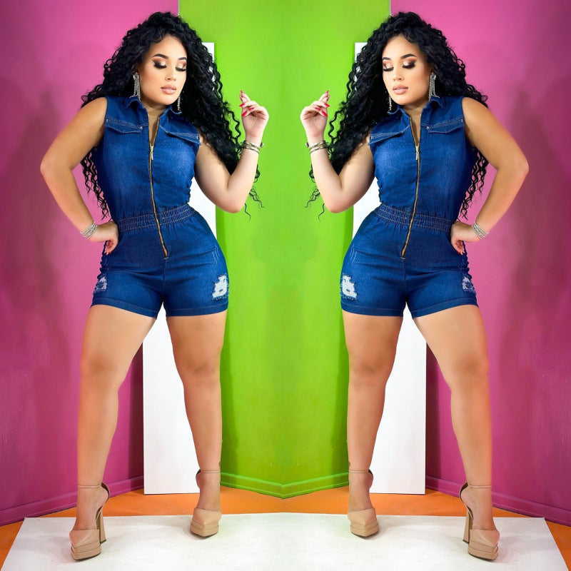 Women Fashion Casual Lapel Sleeveless Zipper Denim Hole Rompers