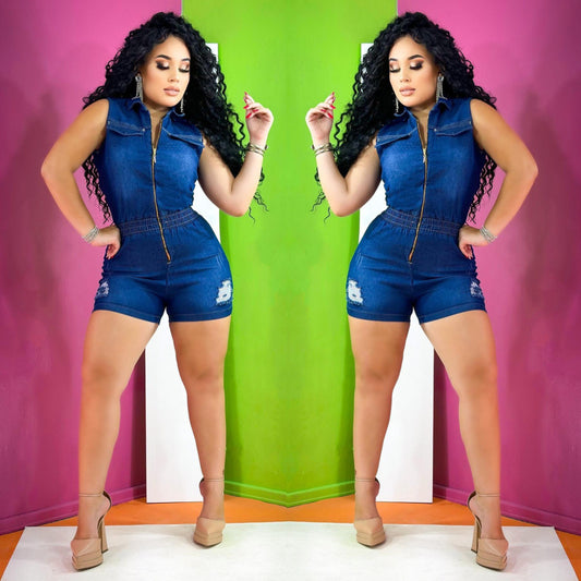 Women Fashion Casual Lapel Sleeveless Zipper Denim Hole Rompers