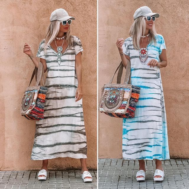 Vestido largo informal de verano con estampado de rayas y manga corta con cuello en V para mujer