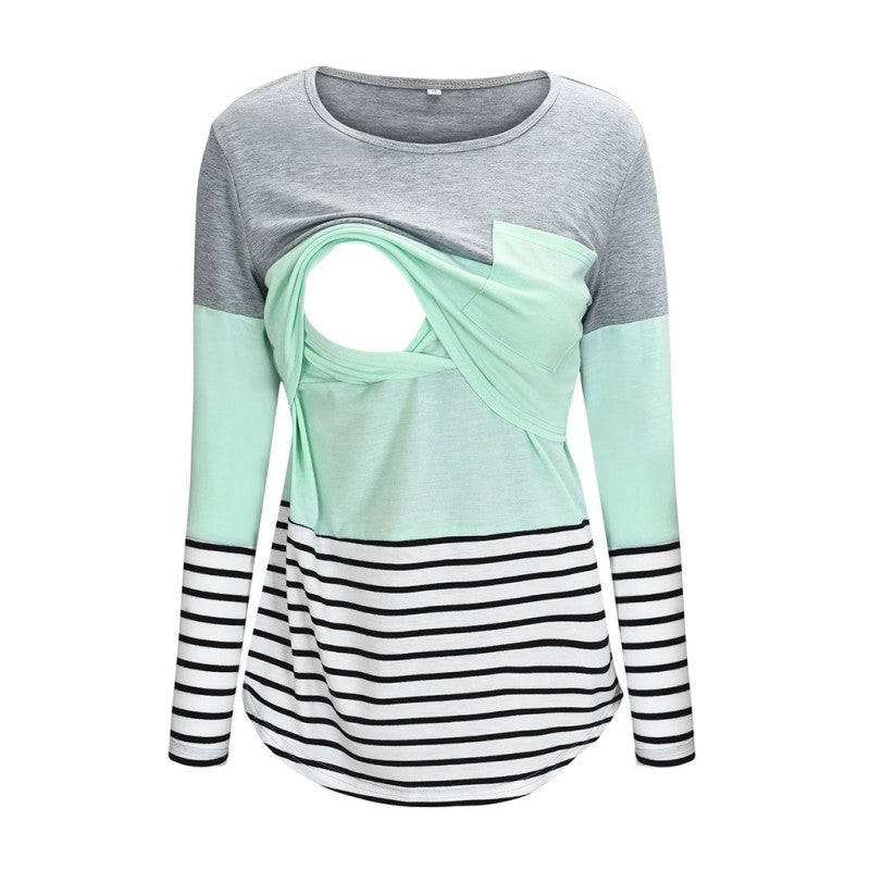Top de lactancia de manga larga con cuello redondo y estampado de rayas informal de maternidad