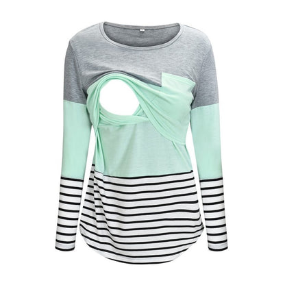 Top de lactancia de manga larga con cuello redondo y estampado de rayas informal de maternidad