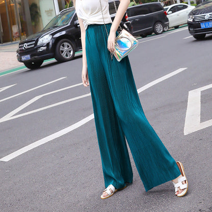 Women Casual Solid Color Pleated Chiffon Wide Leg Pants