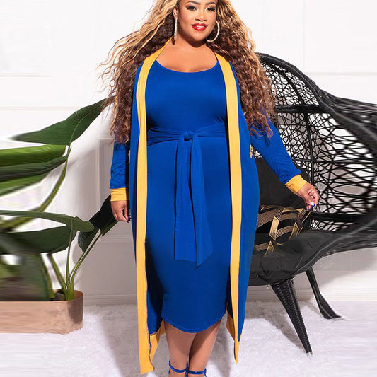 Large Size Women Casual Stripe Stitching Long-Sleeved Jacket And Lace-Up Sleeveless Midi Dress Two Pieces Set