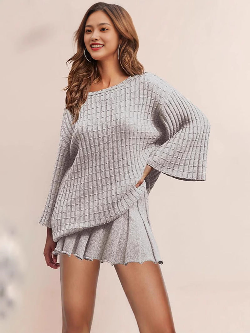 Women Fashion Casual Knitted Stripe Long Sleeve Sweater Pleated Skirts 2-Piece Set