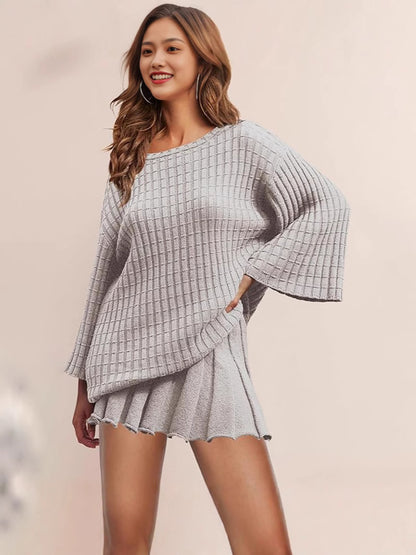 Women Fashion Casual Knitted Stripe Long Sleeve Sweater Pleated Skirts 2-Piece Set