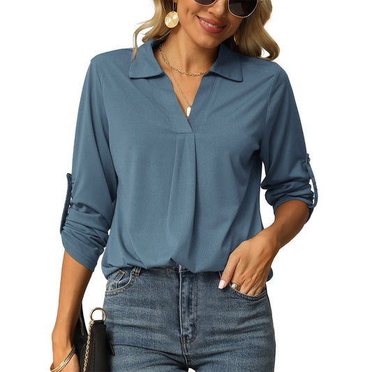 Blusa informal de manga larga con cuello en V y color liso para mujer