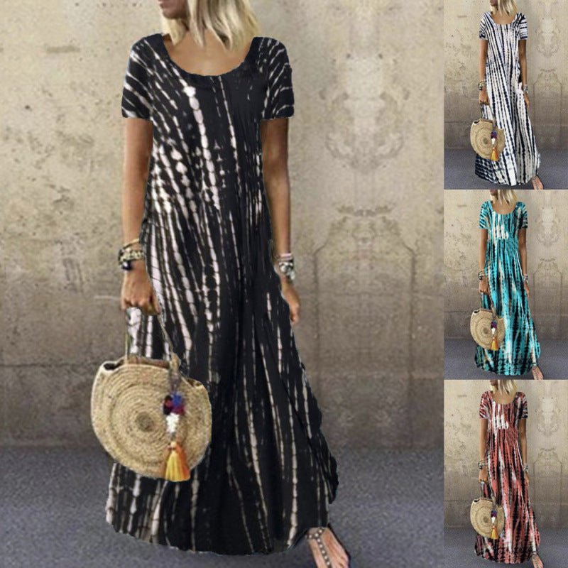 Vestido largo holgado informal de manga corta con cuello redondo y estampado tie-dye para mujer