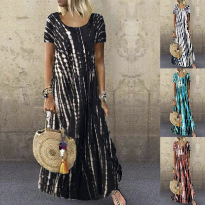 Vestido largo holgado informal de manga corta con cuello redondo y estampado tie-dye para mujer