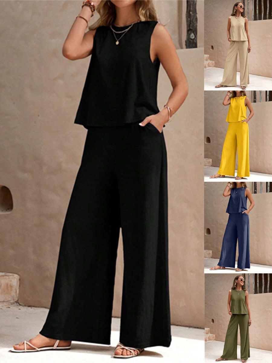 Conjunto de dos piezas para mujer: top sin mangas y pantalón ancho de color liso informal