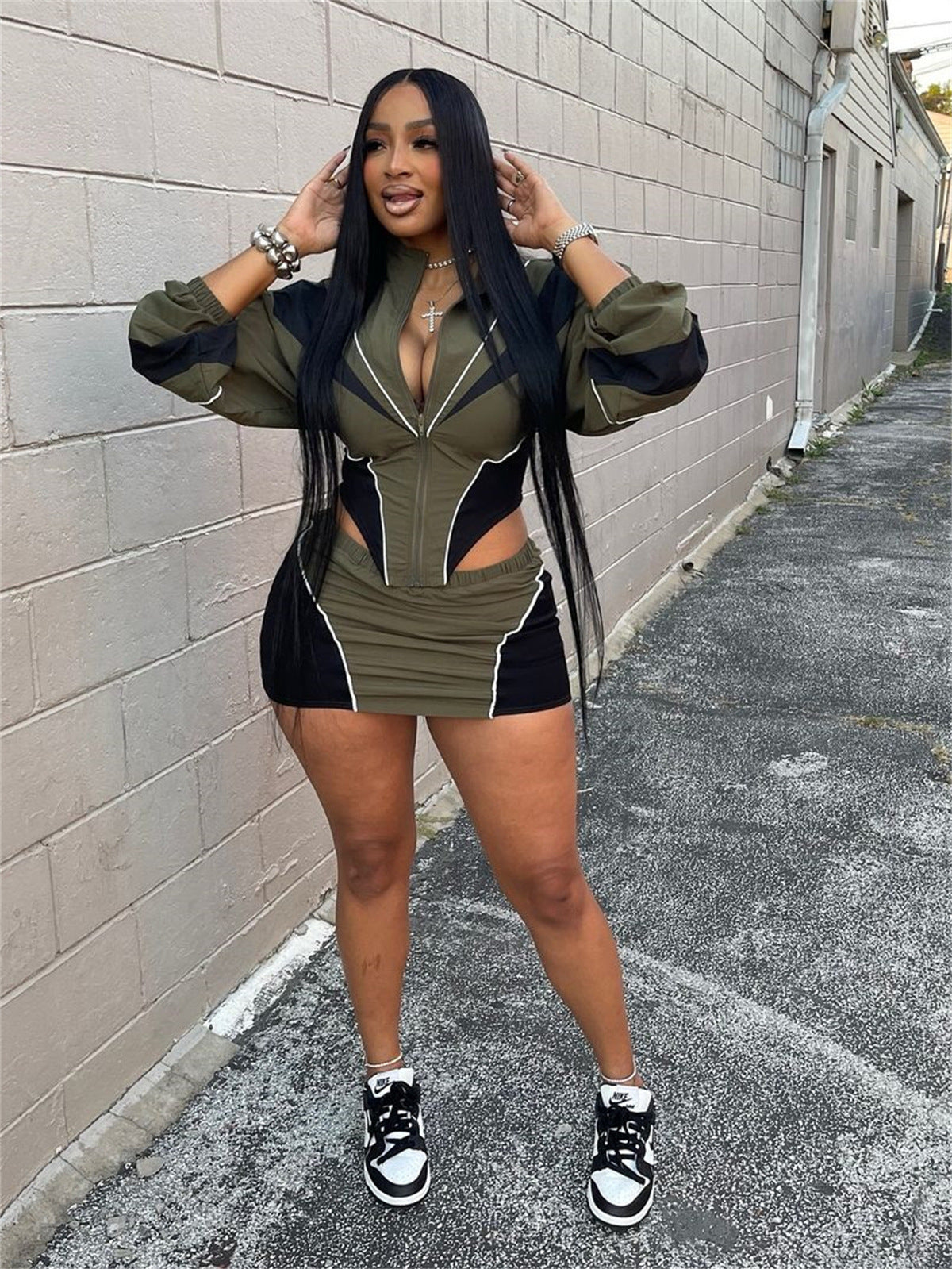 Autumn Winter Sexy Sports Style Loose Casual Contrast Color Long Sleeve Crop Jacket Short Skirt Set