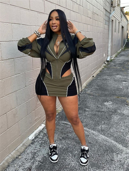 Autumn Winter Sexy Sports Style Loose Casual Contrast Color Long Sleeve Crop Jacket Short Skirt Set