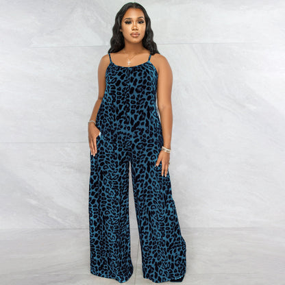 Summer Women Fashion Casual Leopard Printed Sling Wide Leg Jumpsuits