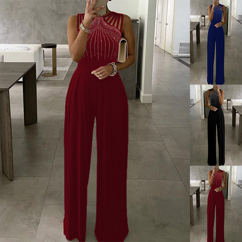 Women Casual Trousers Summer Slim Solid Color Rhinestones Decorative Jumpsuit