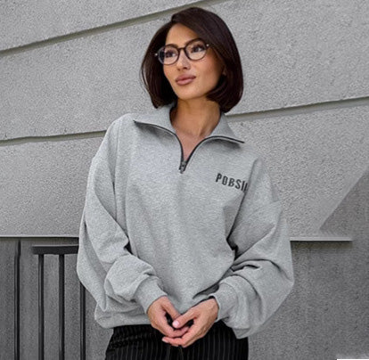 Sudadera informal con cremallera y solapa estampada con letras para mujer