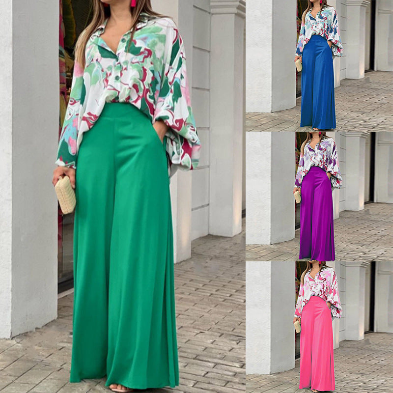 Conjunto de dos piezas de blusa holgada informal estampada y pantalones de pierna ancha para mujer de verano
