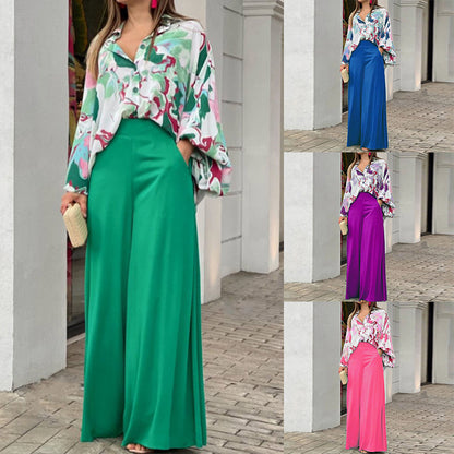 Conjunto de dos piezas de blusa holgada informal estampada y pantalones de pierna ancha para mujer de verano