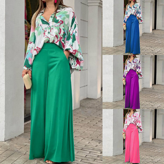 Conjunto de dos piezas de blusa holgada informal estampada y pantalones de pierna ancha para mujer de verano