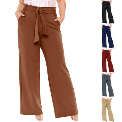 Summer Women Casual Solid Color Loose Lace-Up Wide-Leg Pants