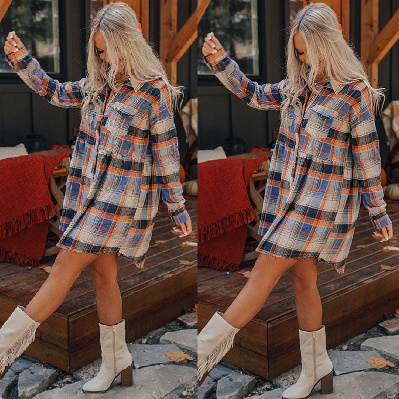 Blusa informal vintage de manga larga con solapa a cuadros para mujer, otoño e invierno