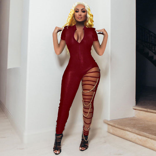 Summer Women Fashion Solid Color Short Sleeve Casual Zipper Ripped Chain Jumpsuit