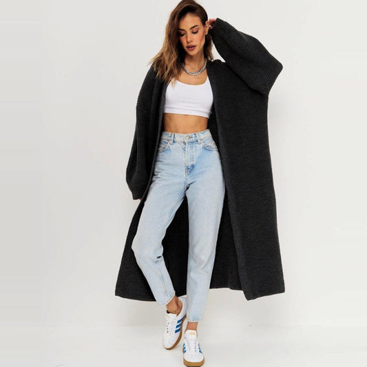 Suéter de punto largo informal holgado para mujer, abrigo de otoño e invierno