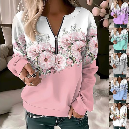 Women Casual Floral Printed V-Neck Long-Sleeve Pullover Loose Sweatshirt
