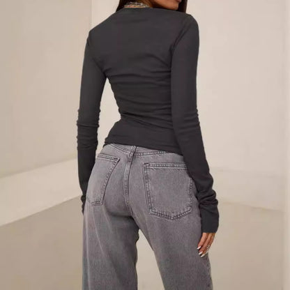 Camiseta informal de manga larga ajustada con cuello redondo y color liso para mujer