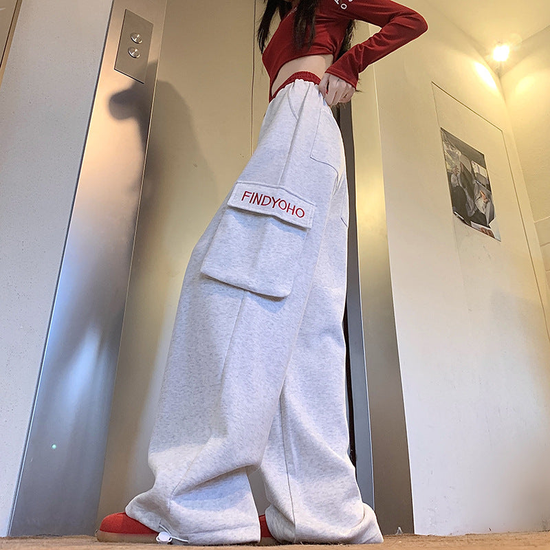 Women Fashion Casual Pockets Drawstring Wide Leg Pants