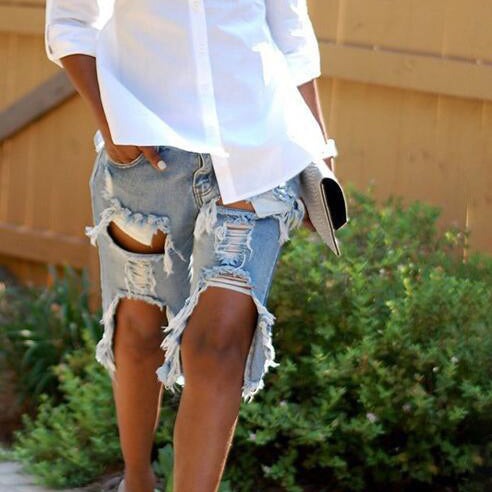 Women Fashion Casual Ripped Raw Edge Stretch Denim Cropped Pants