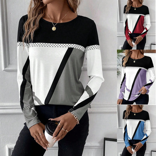 Women Fashion Casual Geometric Print Round Neck Long Sleeve T-Shirt
