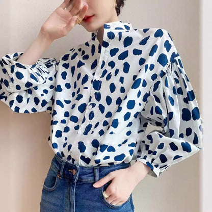 Blusa informal de moda para mujer con estampado de lunares, mangas abullonadas y botonadura sencilla