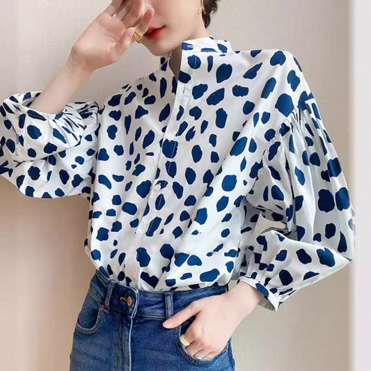 Blusa informal de moda para mujer con estampado de lunares, mangas abullonadas y botonadura sencilla