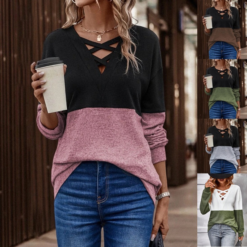 Camiseta informal de manga larga cruzada con cuello en V para mujer