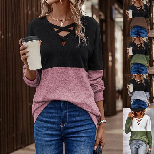 Women Fashion Casual V-Neck Cross Long Sleeve T-Shirt