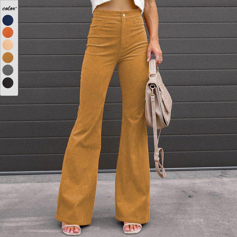 Women Solid Color Casual High Waist Corduroy Flared Pants