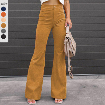 Women Solid Color Casual High Waist Corduroy Flared Pants
